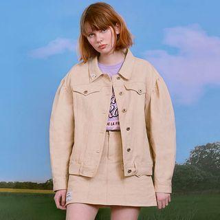 Puff-sleeve Trucker Jacket With Brooch Ivory - One Size