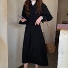 Long-sleeve Plain Chiffon Long Dress With Belt Black - One Size