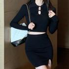 Long-sleeve Cheongsam Collar Knit Crop Top / Slit Mini Skirt / Slit Mini Bodycon Dress