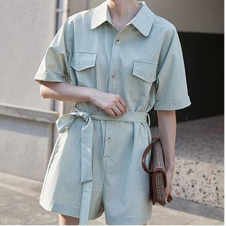 Short-sleeve Tie-waist Cargo Romper