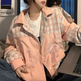 Long-sleeve Houndstooth Panel Button-up Oversized Jacket