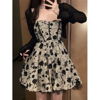 Strapless Floral A-line Dress / Cardigan
