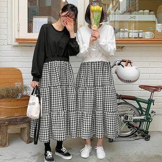 Mock-two Piece Gingham Tiered Dress