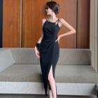 Spaghetti-strap Plain Asymmetric Side-slit Dress
