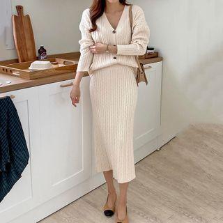 Set: Ribbed Knit Cardigan + Midi Sheath Skirt Off-white - One Size