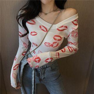 Asymmetrical Lips-print Crop T-shirt As Figure - One Size