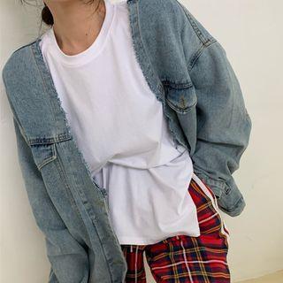 Denim Jacket / Plain T-shirt / Plaid Cropped Harem Pants