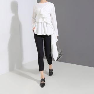 Plain Round-neck Long-sleeve Asymmetrical T Shirt