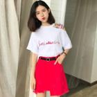 Lettering Cutout Elbow-sleeve T-shirt / Frayed Denim Skirt / Set: Lettering Cutout Elbow-sleeve T-shirt + Frayed Denim Skirt