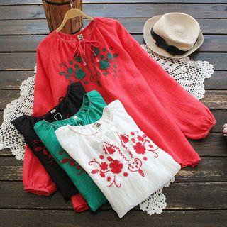 Long-sleeve Embroidery Tie-neck Top