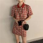Short-sleeve Plaid Polo Shirt / Mini A-line Plaid Skirt
