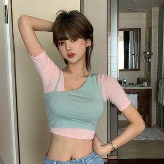 Short-sleeve Plain Cropped Top / Asymmetric Plain Camisole