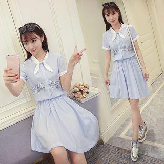 Printed Pinstriped Short Sleeve Bow Accent Dress