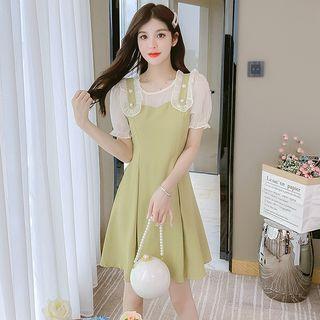 Mock Two-piece Puff-sleeve Ruffled Faux Pearl Dress