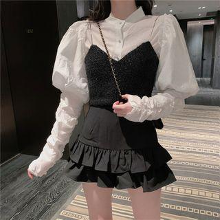 Lantern-sleeve Stand Collar Shirt / Glittered Camisole Top / Mermaid A-line Skort