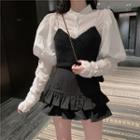 Lantern-sleeve Stand Collar Shirt / Glittered Camisole Top / Mermaid A-line Skort