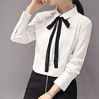 Set : Ribbon Long-sleeve Chiffon Blouse + Faux Suede Skirt