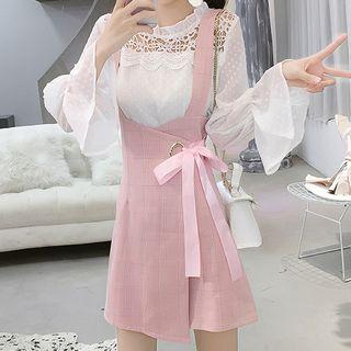 Set: Crochet Panel Flared-cuff Blouse + Plaid Jumper Skirt