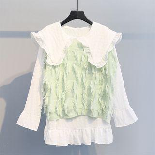 Long-sleeve Blouse / Fringed Knit Vest / Set