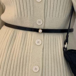 Faux Pearl Genuine Leather Slim Belt Black - One Size