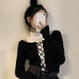Set: Mock-neck Tank Top + Long-sleeve Lace-up Crop Top Set Of 2 - Top - Black - One Size / Camisole - White - One Size