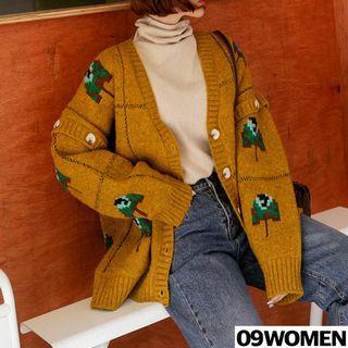 Tall Size Pixel Pattern Wool Blend Cardigan Mustard Yellow - Xl