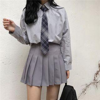 Plain Pleated Skirt/ Plain Shirt With Plaid Tie