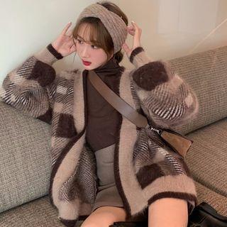 Plaid Fuzzy Open-front Cardigan / Long-sleeve Turtleneck T-shirt / Mini Skirt