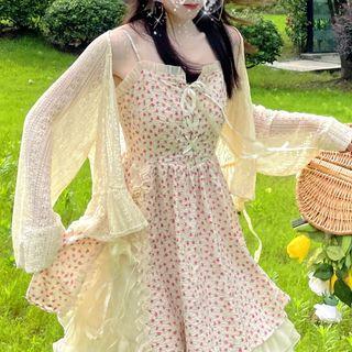 Long-sleeve Plain Ruffle Trim Lace Cardigan Almond - One Size