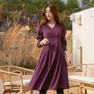 V-neck Puff-sleeve Pintuck Dress
