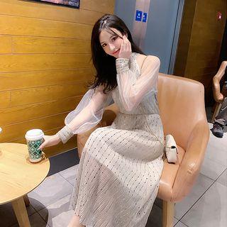Balloon-sleeve Sequined Mesh Midi Dress