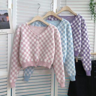 V-neck Color Block Plaid Long-sleeve Sweater
