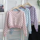 V-neck Color Block Plaid Long-sleeve Sweater