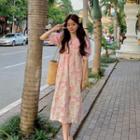 Elbow-sleeve Collared Blouse / Floral Print A-line Overall Dress