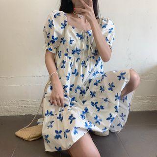 Puff-sleeve Cutout Back Mini Dress