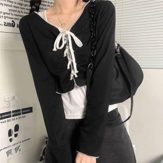 Set: Long-sleeve Lace-up Crop Top + Camisole Top Set - Long-sleeve Top & Camisole Top - White & Black - One Size