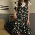 Plain Short-sleeve T-shirt / Cardigan / Flower Print Spaghetti Strap Shift Dress