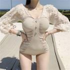 Lace Panel Shirred Swimsuit
