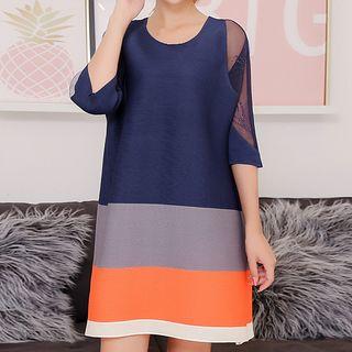 Color Panel Mesh Trim Elbow Sleeve Dress