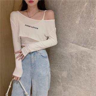 Set: Long Sleeve Lettering Print Crop Top + Camisole