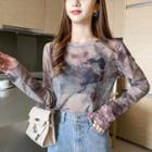 Long-sleeve Tie Dye T-shirt Grayish Purple - One Size
