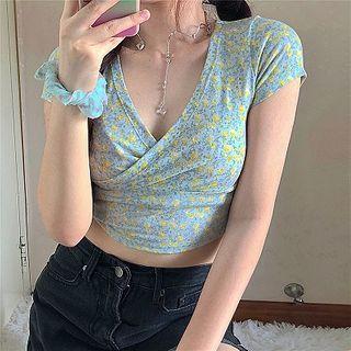 Floral V-neck Cropped T-shirt As Shown In Figure - One Size