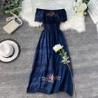 Off-shoulder Short-sleeve Embroidered Midi A-line Dress