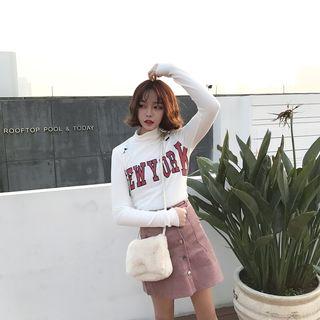 Lettering Ripped Mock Neck Long Sleeve T-shirt