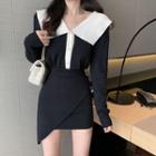 Contrast Color Long-sleeve Blouse / Asymmetric Skirt