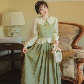 Set: Long-sleeve Frog-button Blouse + Pleated Midi A-line Skirt