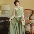 Set: Long-sleeve Frog-button Blouse + Pleated Midi A-line Skirt