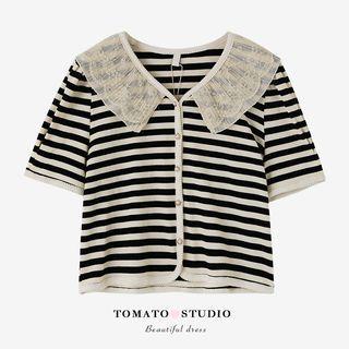 Striped Lace Knit Cropped Top Black - One Size
