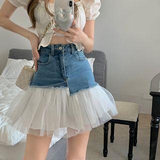 Mesh Trim Denim Mini Mermaid Skirt