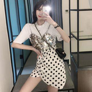 Mock Two-piece Short-sleeve Top / Mini Dotted Wrap Skirt